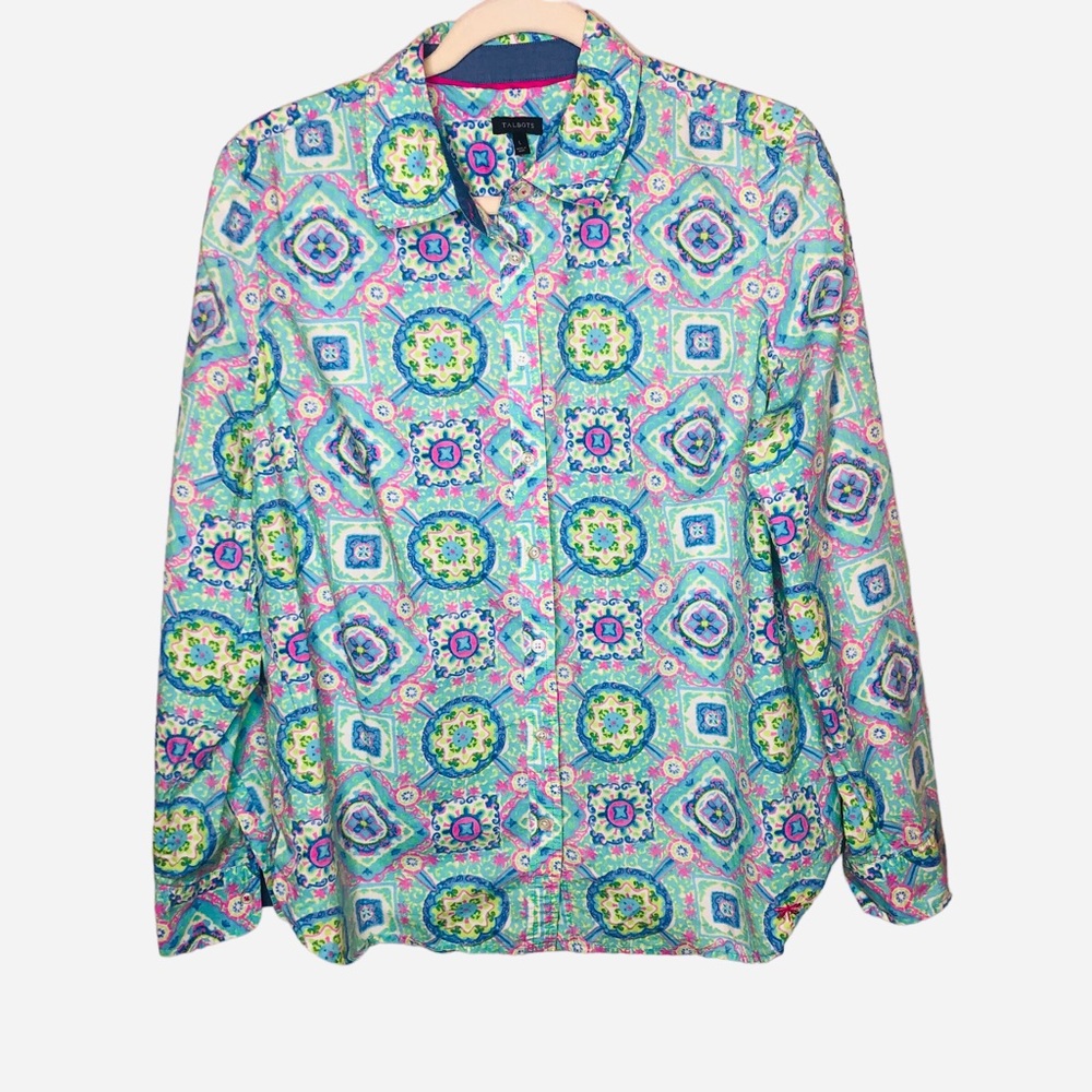 Talbots Top Blouse Size Large Floral Whimsical Cotton Lovely